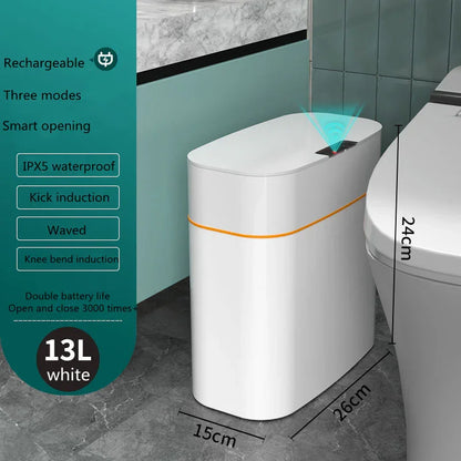 White 13L smart sensor trash can with rechargeable, waterproof, hands-free opening in a bathroom