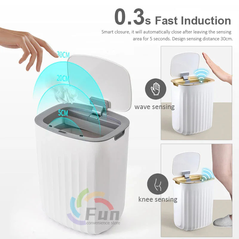 Touchless sensor trash can with wave and knee activation, automatic lid opening design
