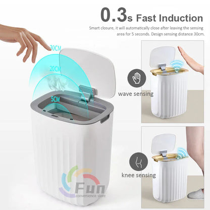 Touchless sensor trash can with wave and knee activation, automatic lid opening design