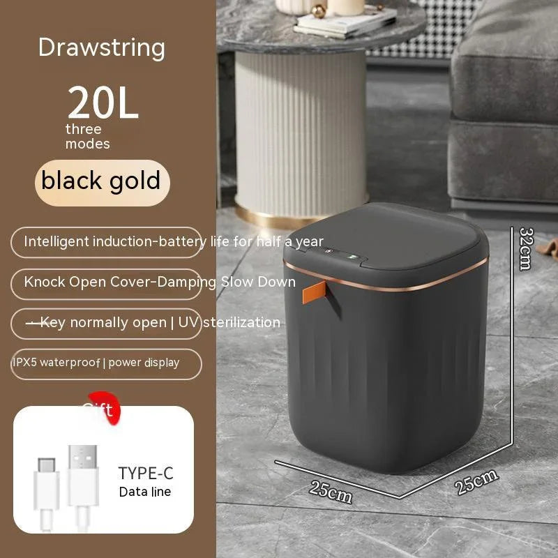 Black gold 20L smart trash can with drawstring, touchless lid, UV sterilization, and Type-C charging, shown in a modern living room.