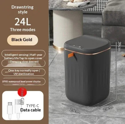 24L black gold smart trash can with touch sensor, UV sterilization, and data cable in modern room