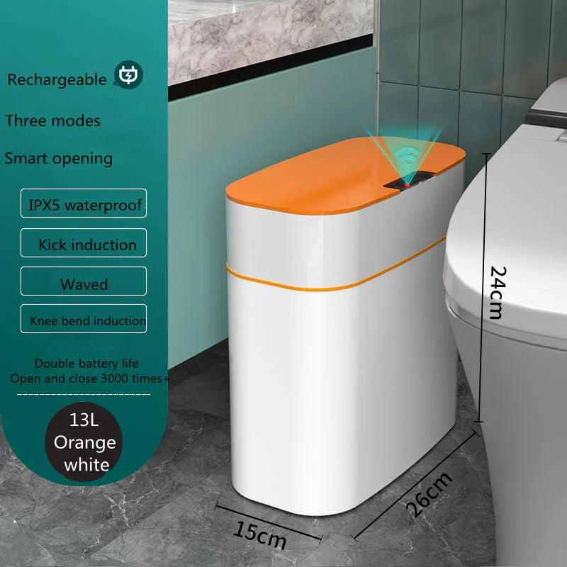 Rechargeable motion sensor trash can, 13L orange and white, waterproof, in modern bathroom
