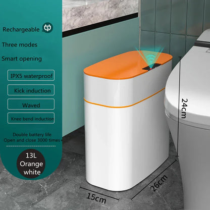 Rechargeable motion sensor trash can, 13L orange and white, waterproof, in modern bathroom