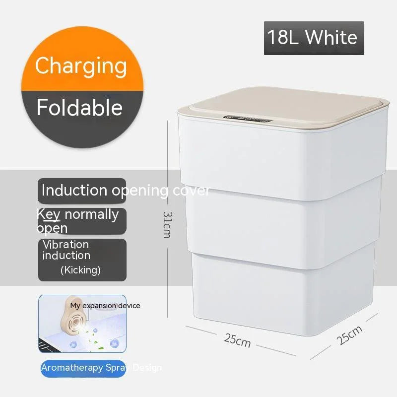 White 18L foldable smart trash can with induction opening, charging feature, and aromatherapy design.