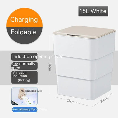 White 18L foldable smart trash can with induction opening, charging feature, and aromatherapy design.