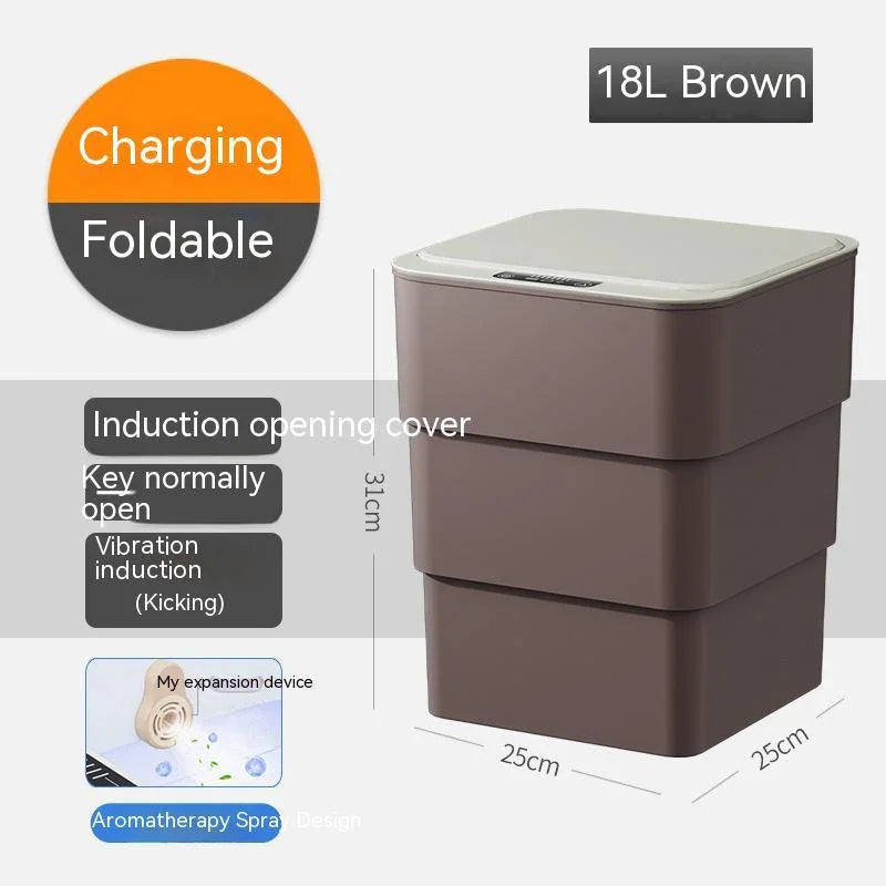 Brown 18L foldable trash can with induction opening, charging, aromatherapy spray, 31x25x25cm.
