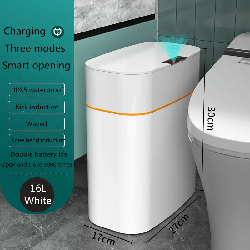 White 16L smart bathroom trash can with sensor lid, shown beside a toilet, waterproof design.