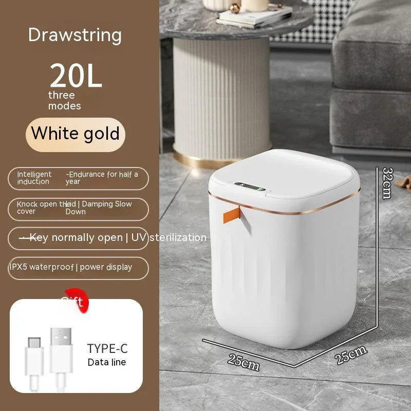 White gold 20L smart trash can with UV sterilization, waterproof, USB-C charging, in modern room