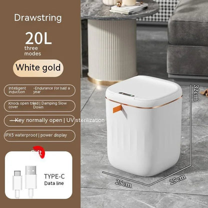 White gold 20L smart trash can with UV sterilization, waterproof, USB-C charging, in modern room
