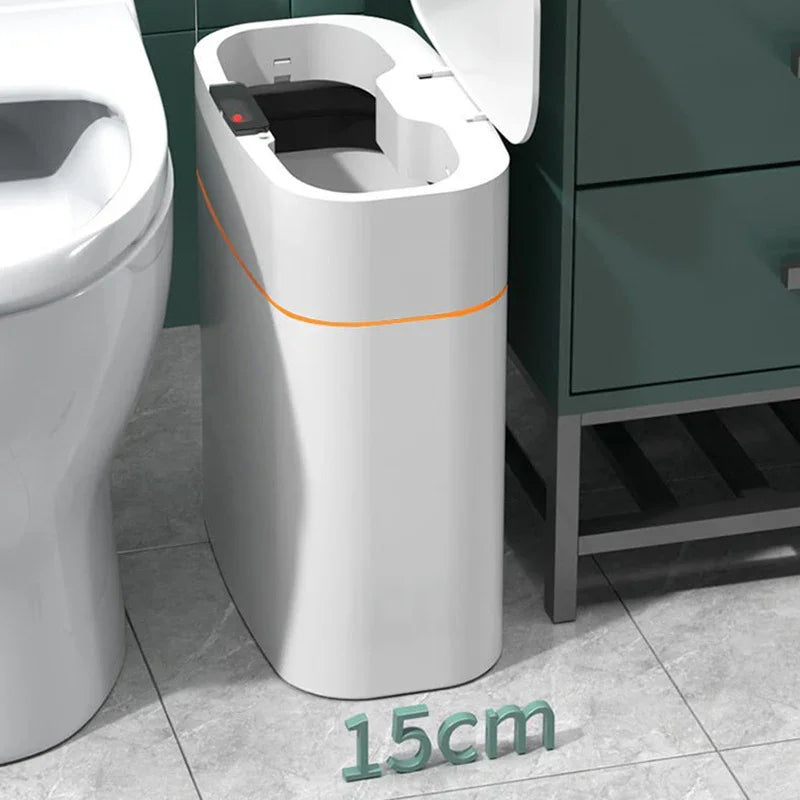 Slim white bathroom trash can with lid, fits in 15cm space beside toilet and cabinet