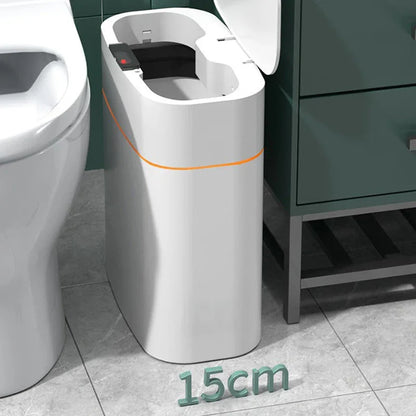 Slim white bathroom trash can with lid, fits in 15cm space beside toilet and cabinet