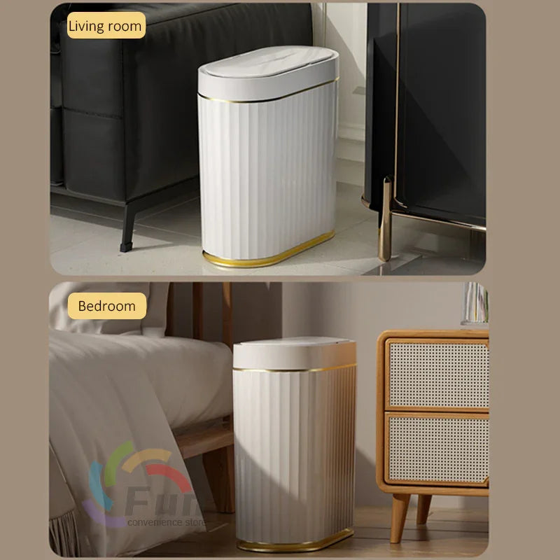 Modern white trash bin with gold accents in living room and bedroom settings