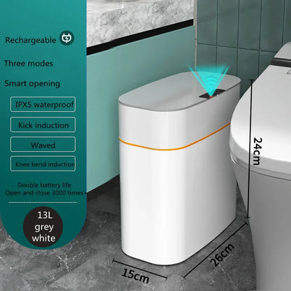 Smart white sensor trash can with touchless lid, waterproof design, 13L capacity, in modern bathroom
