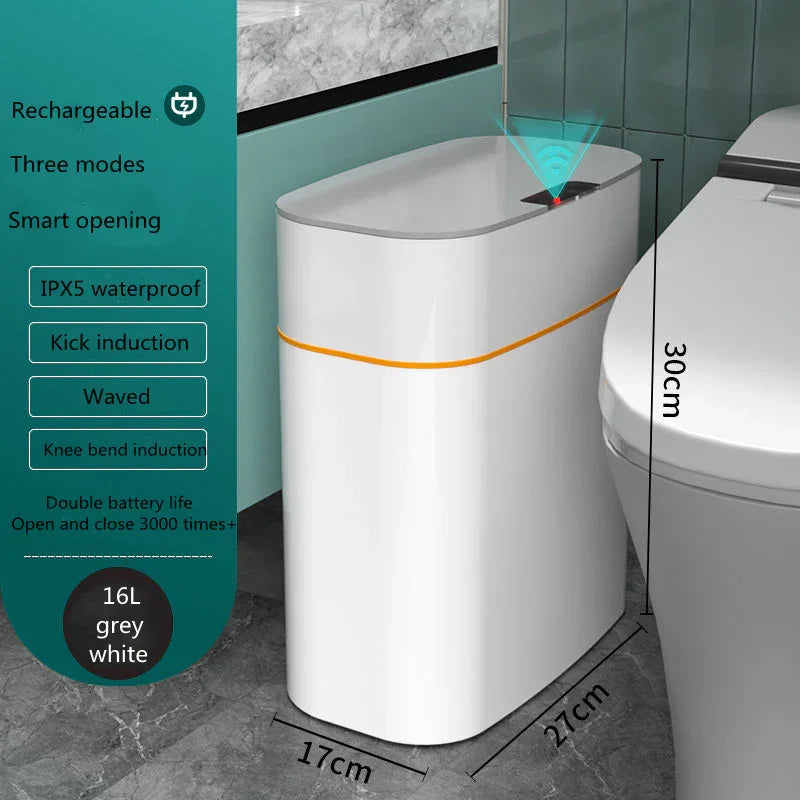 Smart sensor trash can 16L grey and white, waterproof, next to toilet, bathroom setting