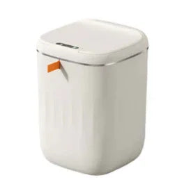 Modern white kitchen storage bin with lid and orange accent tab