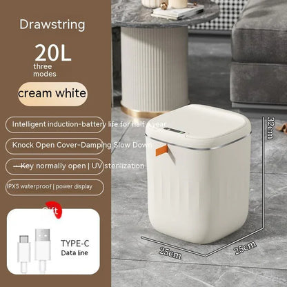 Cream white 20L smart trash can with induction sensor, drawstring design, and Type-C charging, placed in a modern living room.