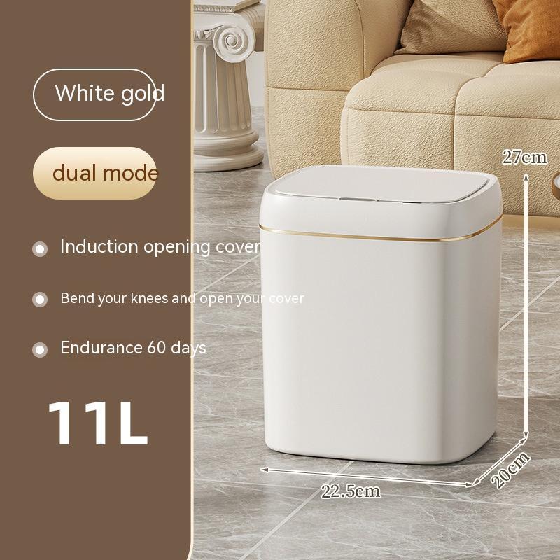 White gold 11L smart sensor trash can with induction opening cover in modern living room