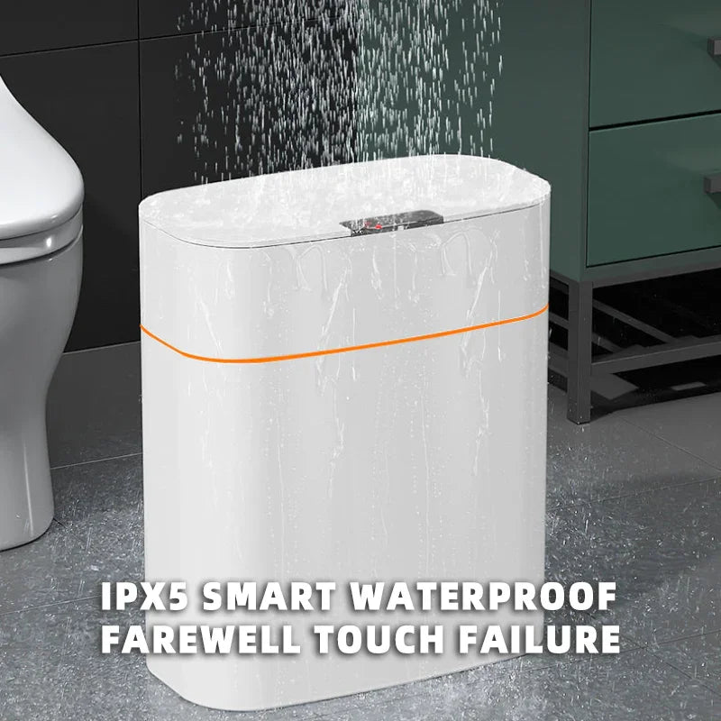 IPX5 smart waterproof trash can in bathroom, water splashing over lid, modern hygiene solution