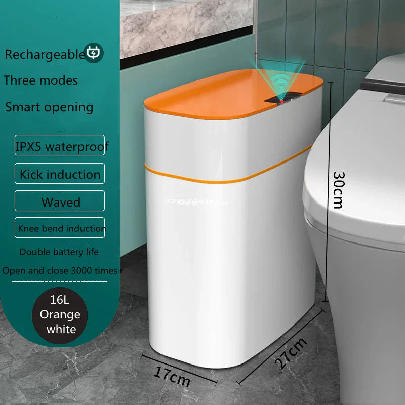 Smart orange and white 16L waterproof sensor trash can in modern bathroom